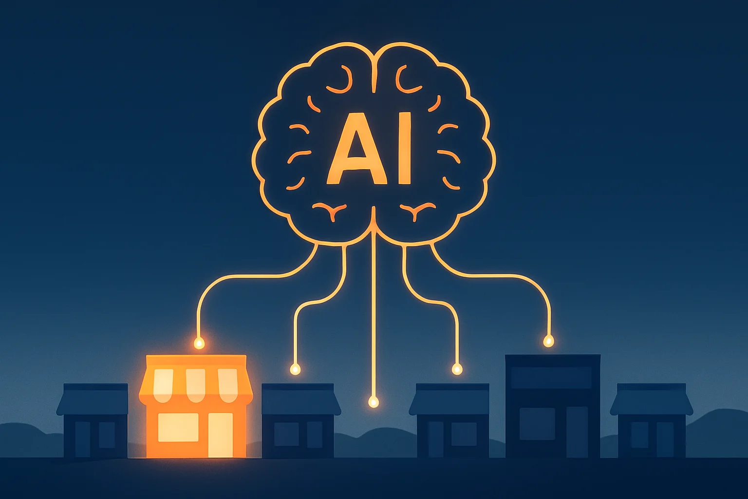 AI brain icon connected by glowing lines to business storefronts, some glowing brightly and others dimmed, representing AI recommendation visibility