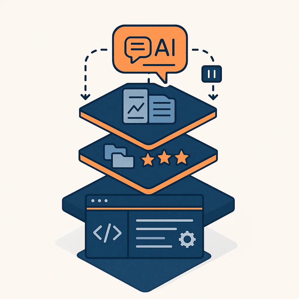 Blueprint-style diagram showing four connected layers from website foundation to directory listings to content pages to AI citation badges