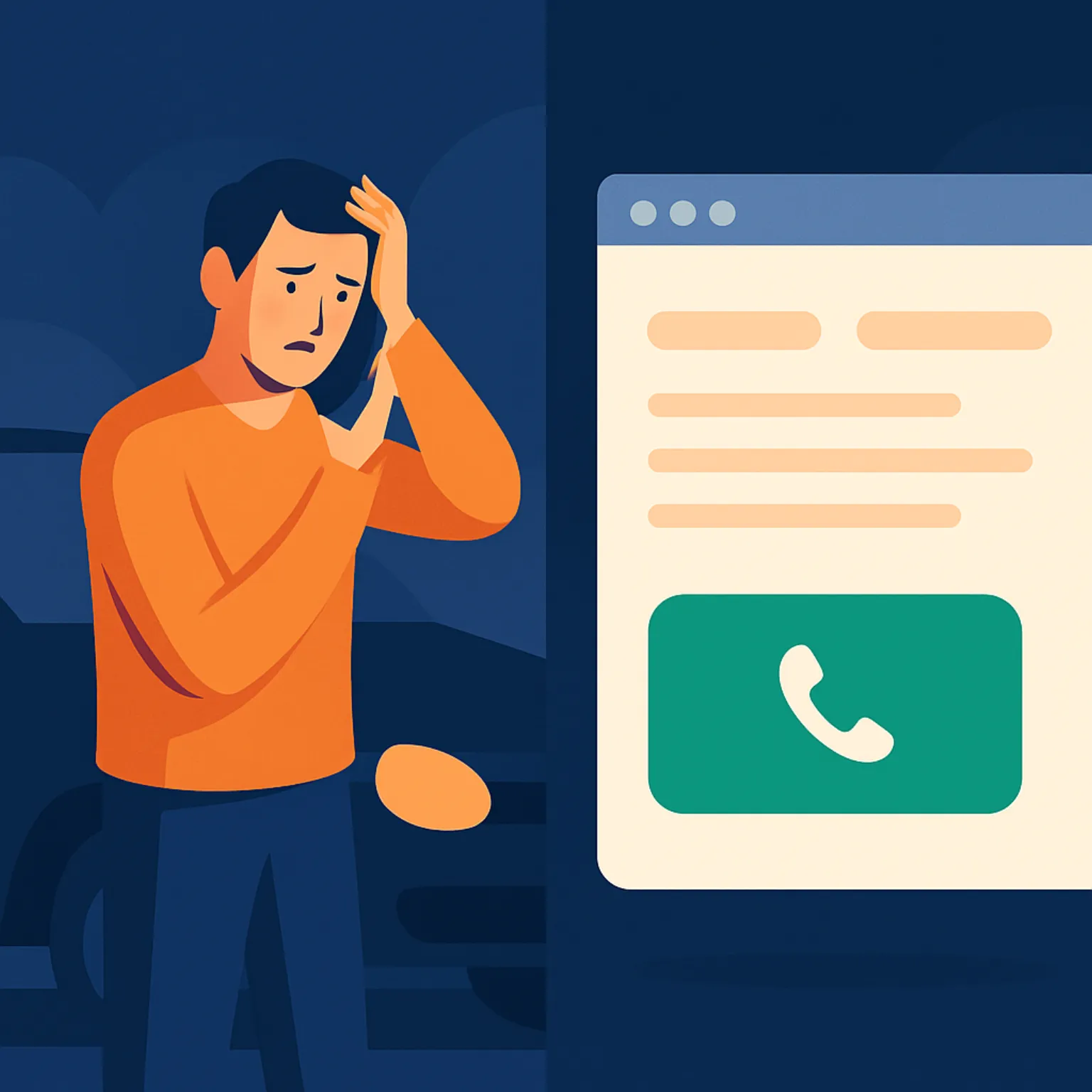 Split screen comparing stressed car owner with a clean auto repair website featuring a prominent call button