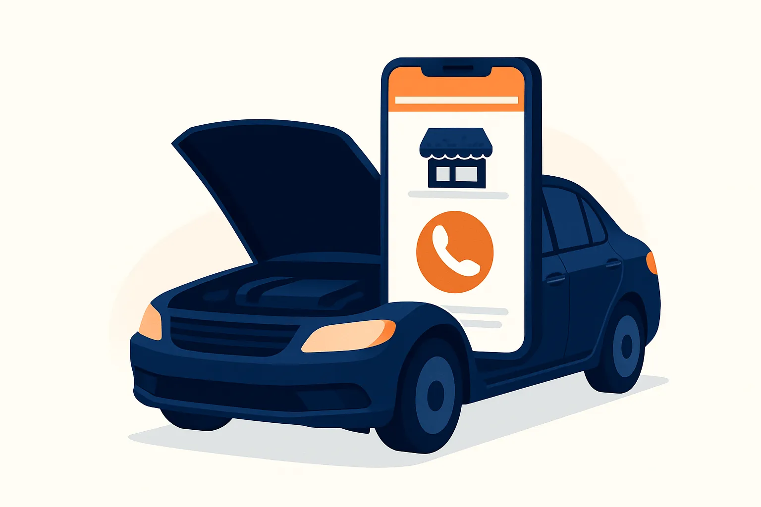 Phone screen rising from car engine showing click-to-call button and auto repair shop website