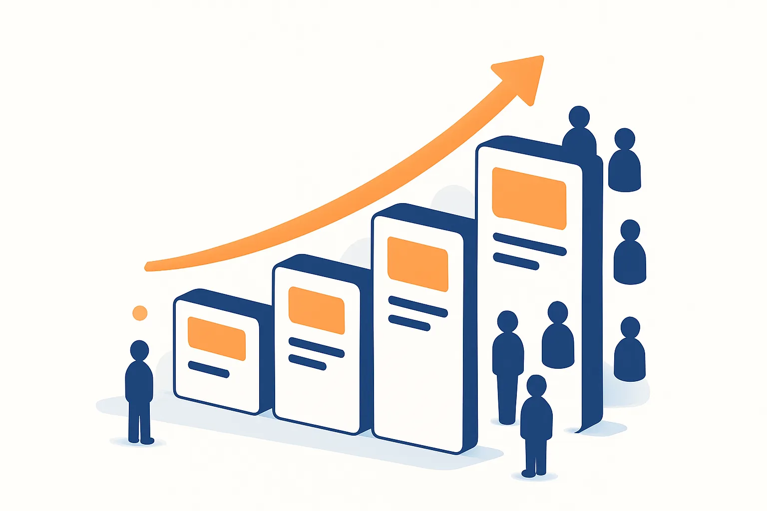 Stack of blog post cards growing like a bar chart with visitor icons accumulating, showing compounding traffic growth