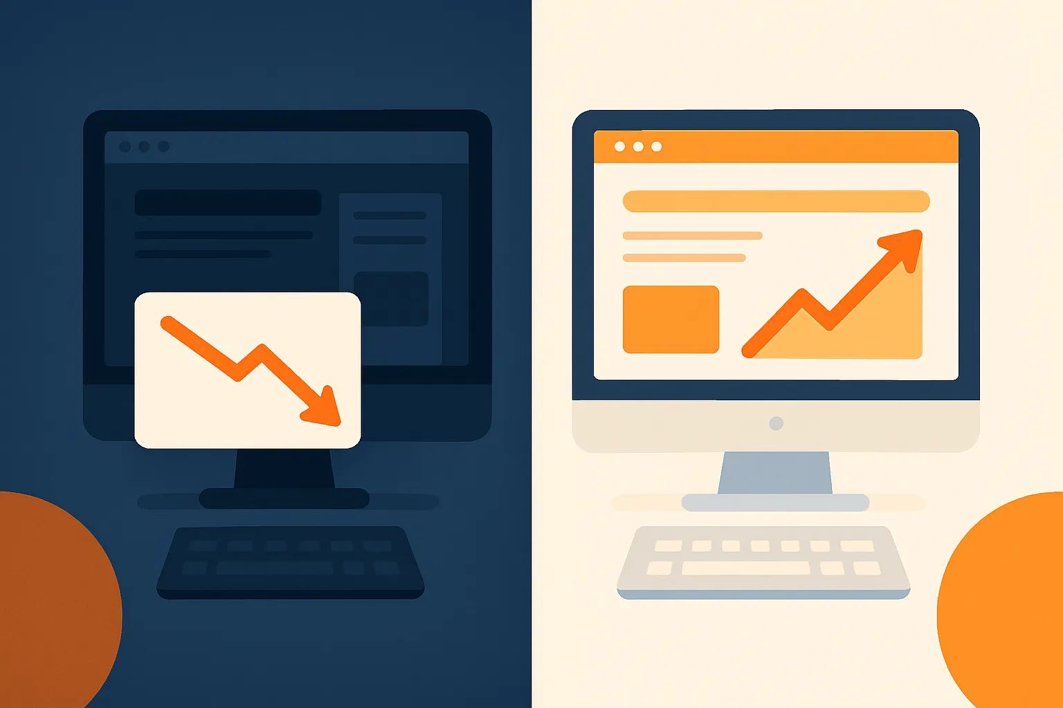 Before and after comparison of a contractor website rebuild showing slow cluttered site versus fast modern site with rising metrics
