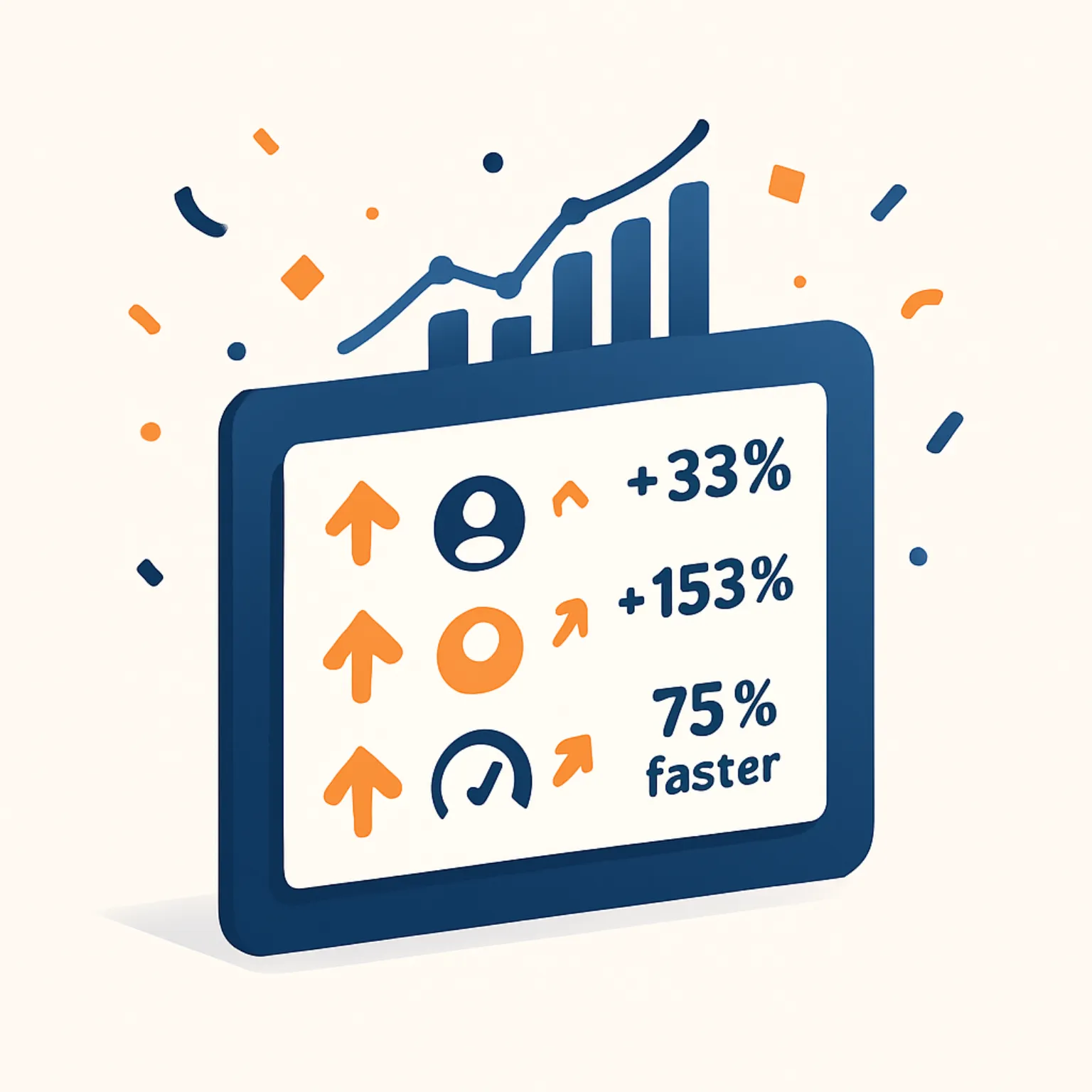 Dashboard showing improved metrics after website rebuild: visitors up 33 percent, leads up 153 percent, speed improved 75 percent