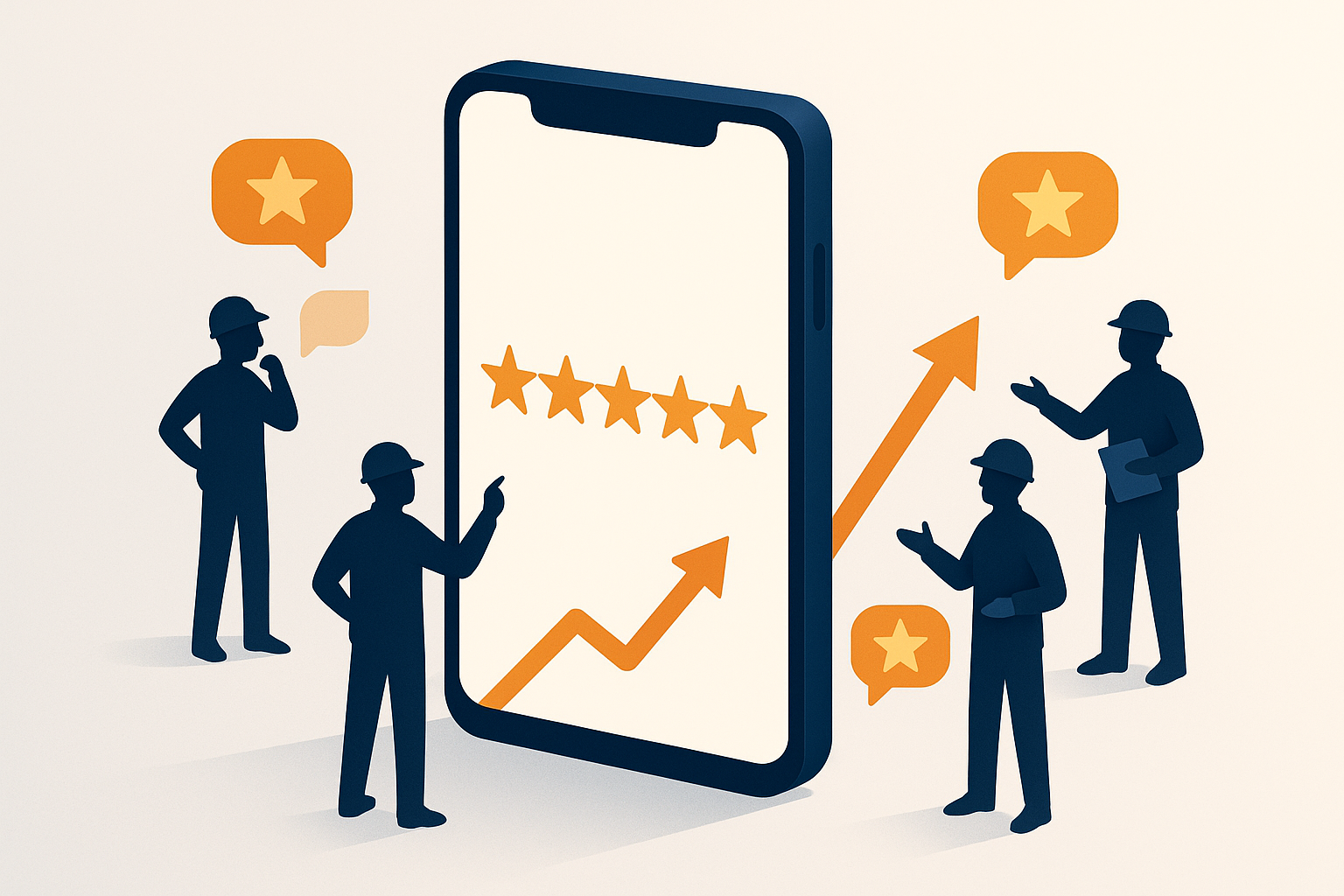 Contractor silhouette figures surrounding a large smartphone displaying five golden review stars with upward revenue arrows