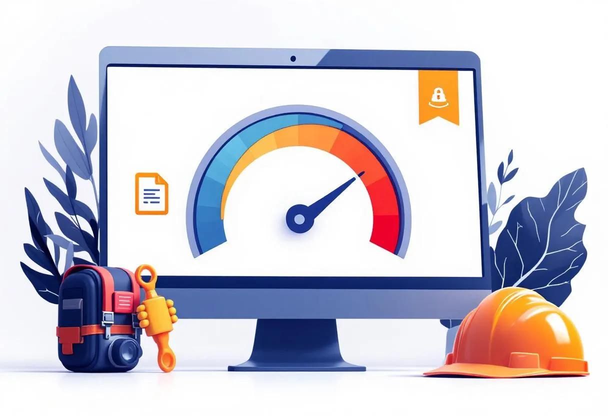 Performance speedometer gauge showing poor score in red surrounded by common website problems like heavy images and bloated code