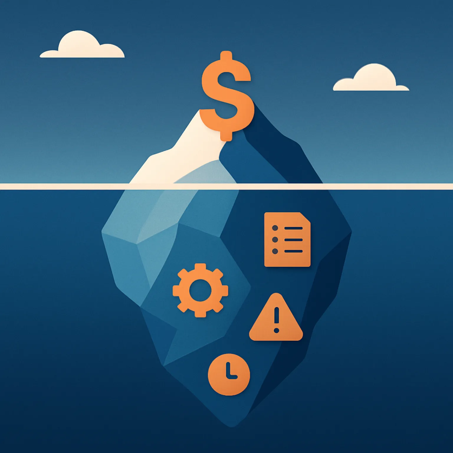 Iceberg diagram showing small visible website cost above water and large hidden costs below including time, maintenance, and redesign cycles