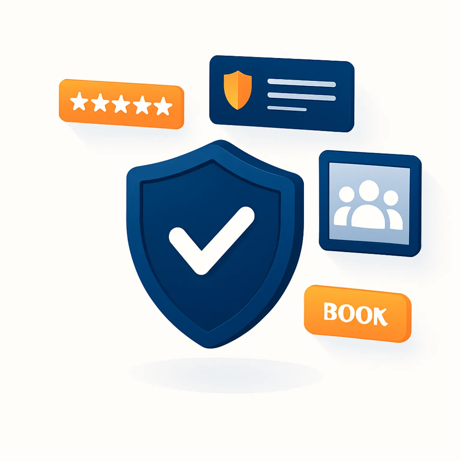 Shield with checkmark surrounded by trust signals including star ratings, insurance card, team photos, and booking button