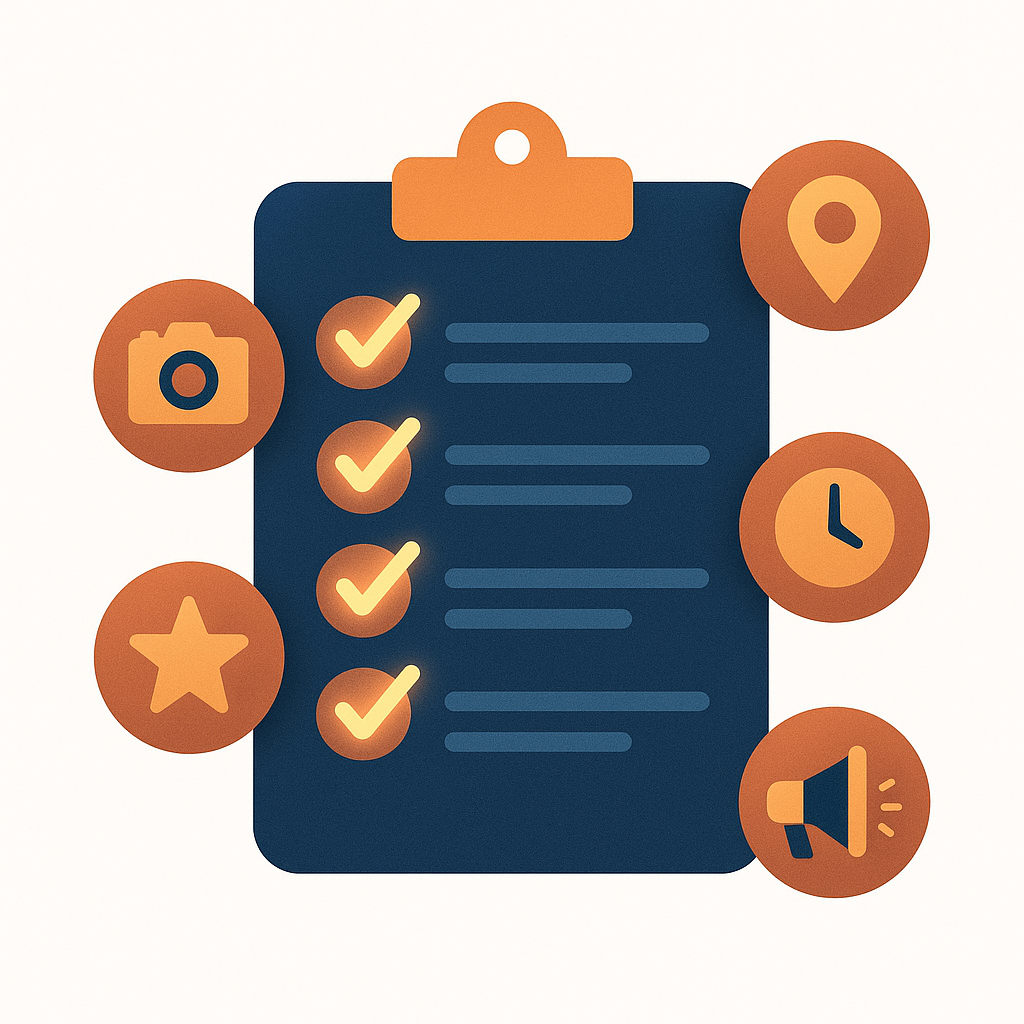 Clipboard checklist with glowing checkmarks next to icons for photos reviews location schedule and posts