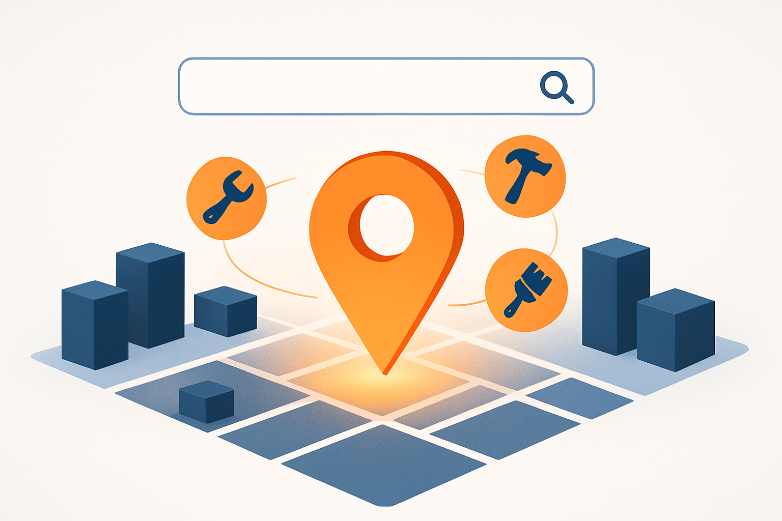 Google Maps pin centered in a city grid with contractor tool icons orbiting around it representing local search visibility