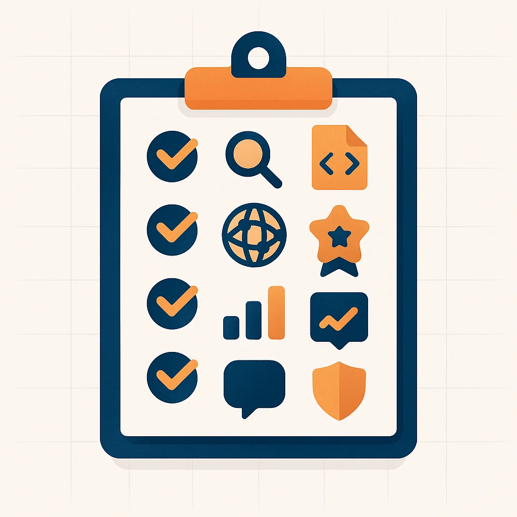 Clipboard checklist with seven items represented by abstract icons for evaluating GEO readiness