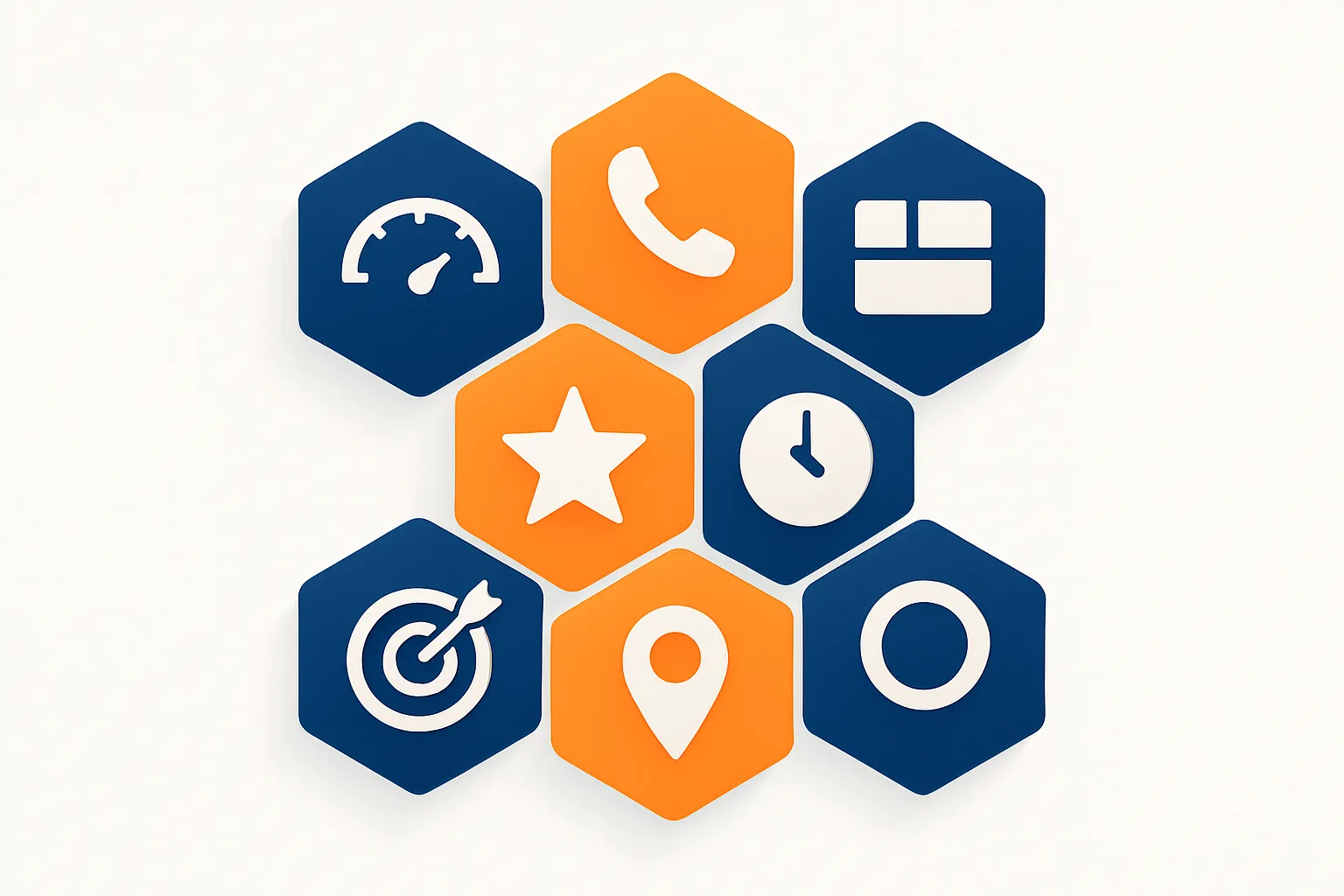 Seven interconnected hexagonal tiles with icons representing essential website elements: speed, mobile, SEO, design, content, local, and conversion