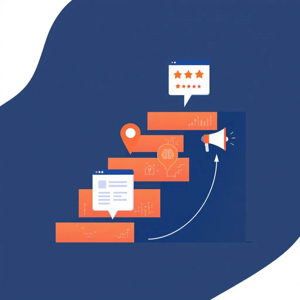 Five-step ascending staircase with icons for map pin, star rating, webpage, megaphone, and AI brain representing the five pillars of HVAC online marketing