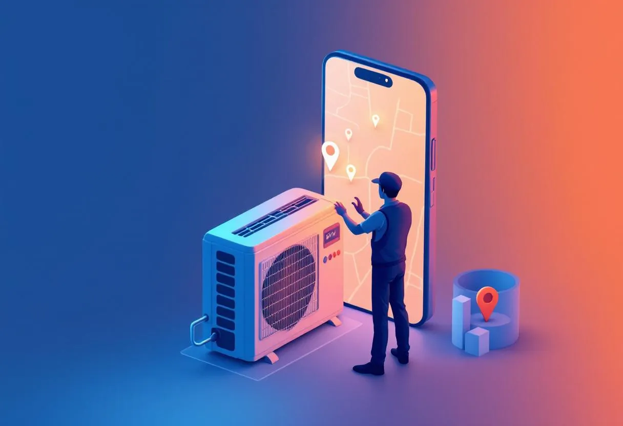 HVAC technician silhouette next to air conditioning unit with smartphone showing map pins and search results representing online visibility