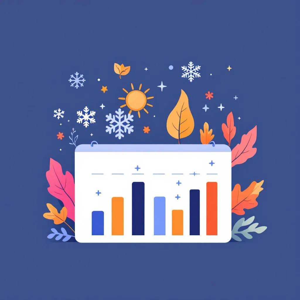 Calendar with four seasons showing bar charts of rising and falling HVAC search demand patterns throughout the year