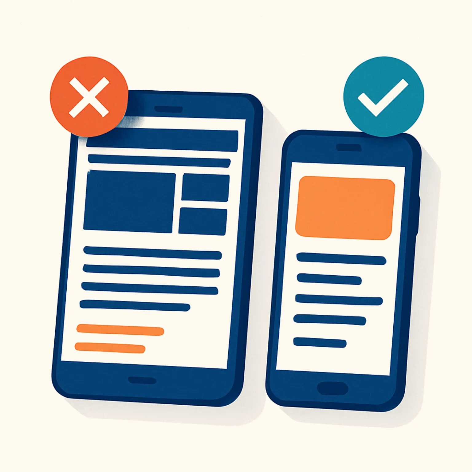Two phones side by side comparing a cramped desktop-shrunk website versus a clean mobile-first responsive design