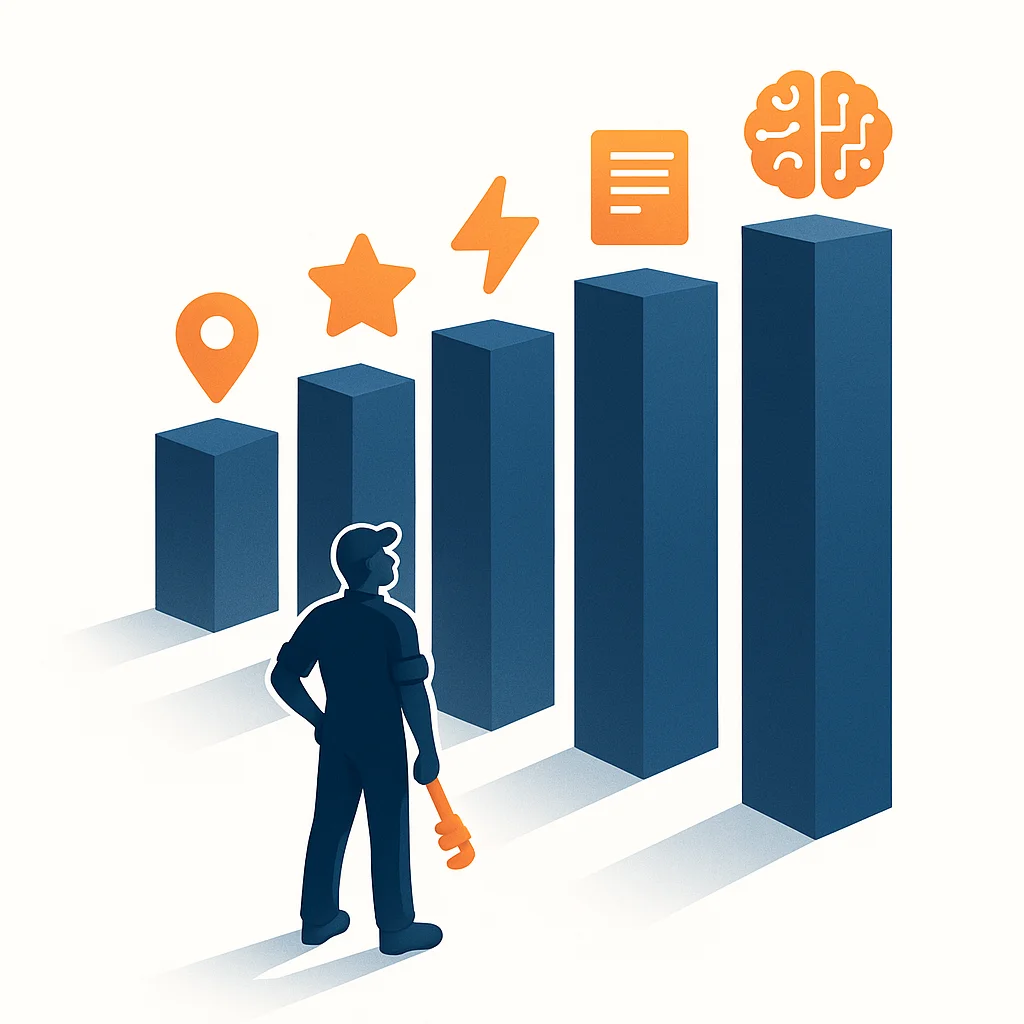 Five ascending pillars topped with icons for map pin star rating lightning bolt content page and AI brain with a stylized plumber silhouette at the base