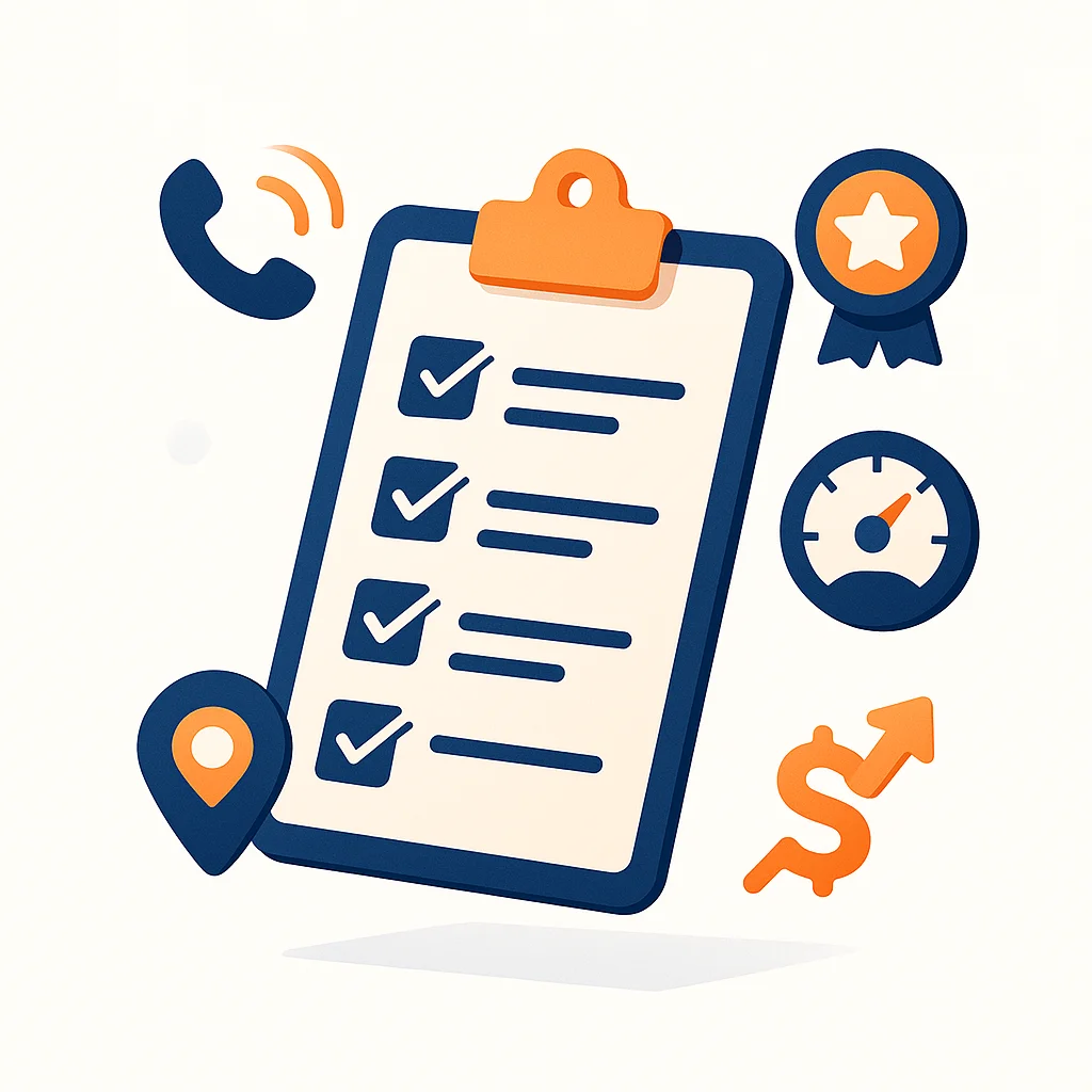 Clipboard checklist floating in space with abstract icons for phone with incoming call star rating badge speedometer gauge location pin and dollar sign trending upward