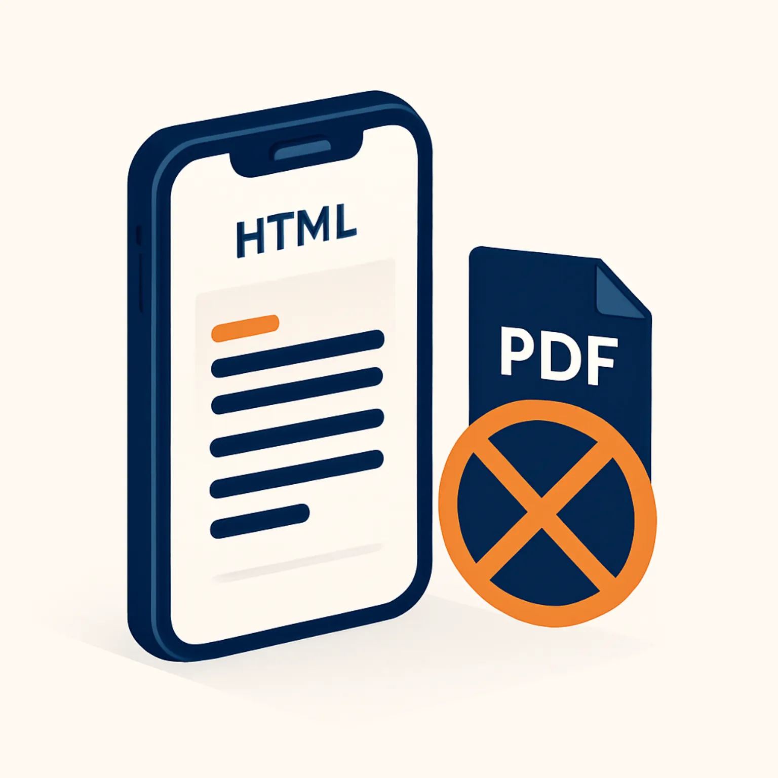 Smartphone showing an HTML restaurant menu compared to a crossed-out PDF icon