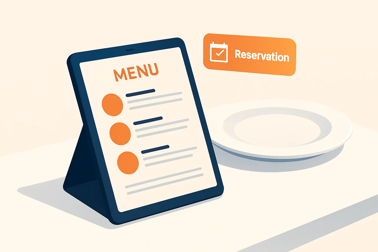 Tablet displaying a clean restaurant menu website on a dining table with reservation notification