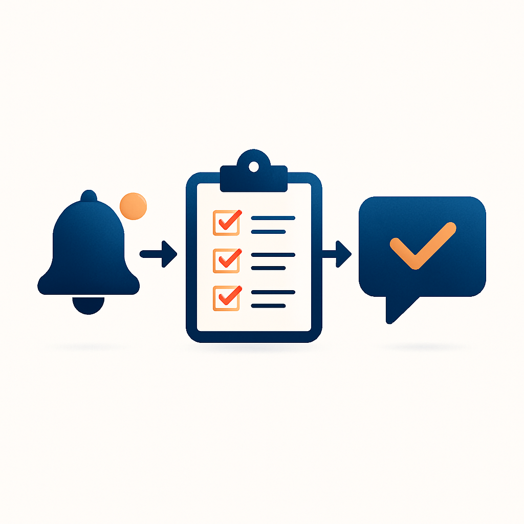 Three connected steps showing a review workflow from notification bell to checklist clipboard to reply speech bubble with checkmark