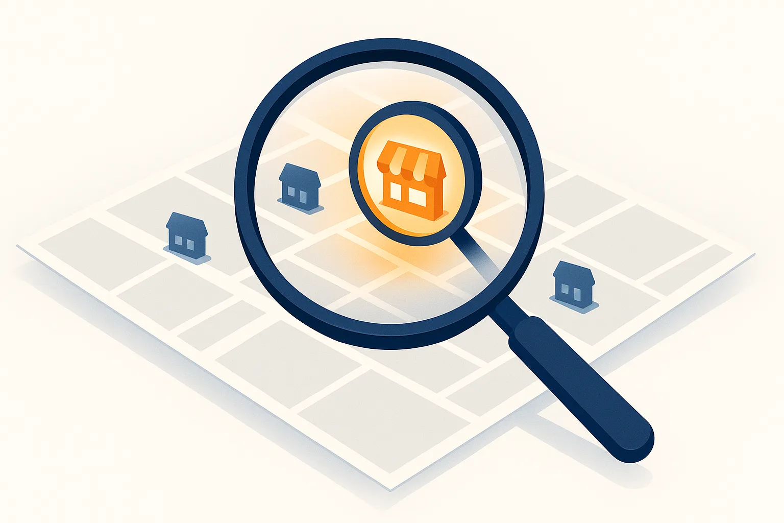 Magnifying glass hovering over a city map highlighting visible and invisible local businesses in search results