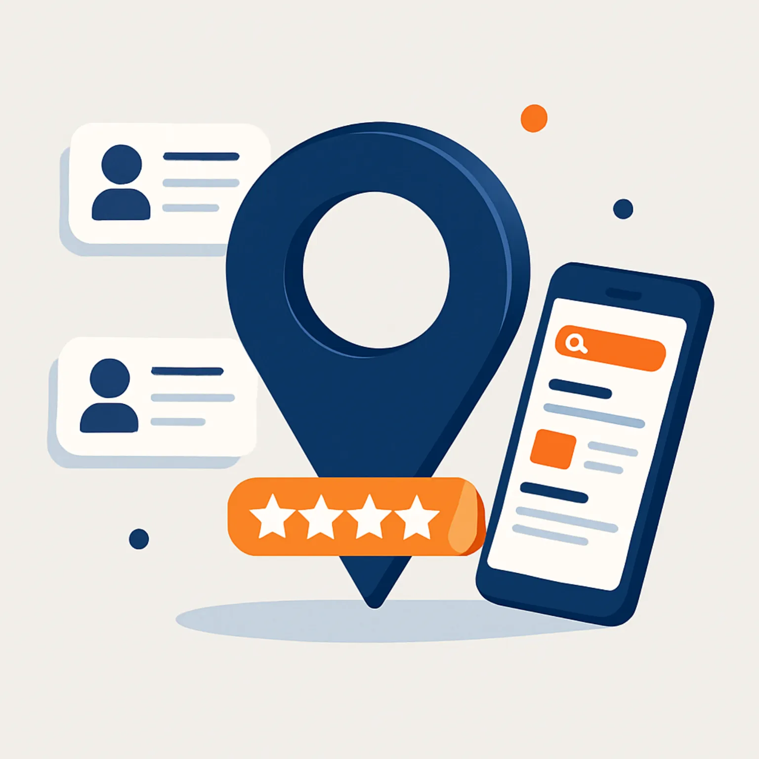 Map pin with five-star rating badge surrounded by review cards and search results on a phone