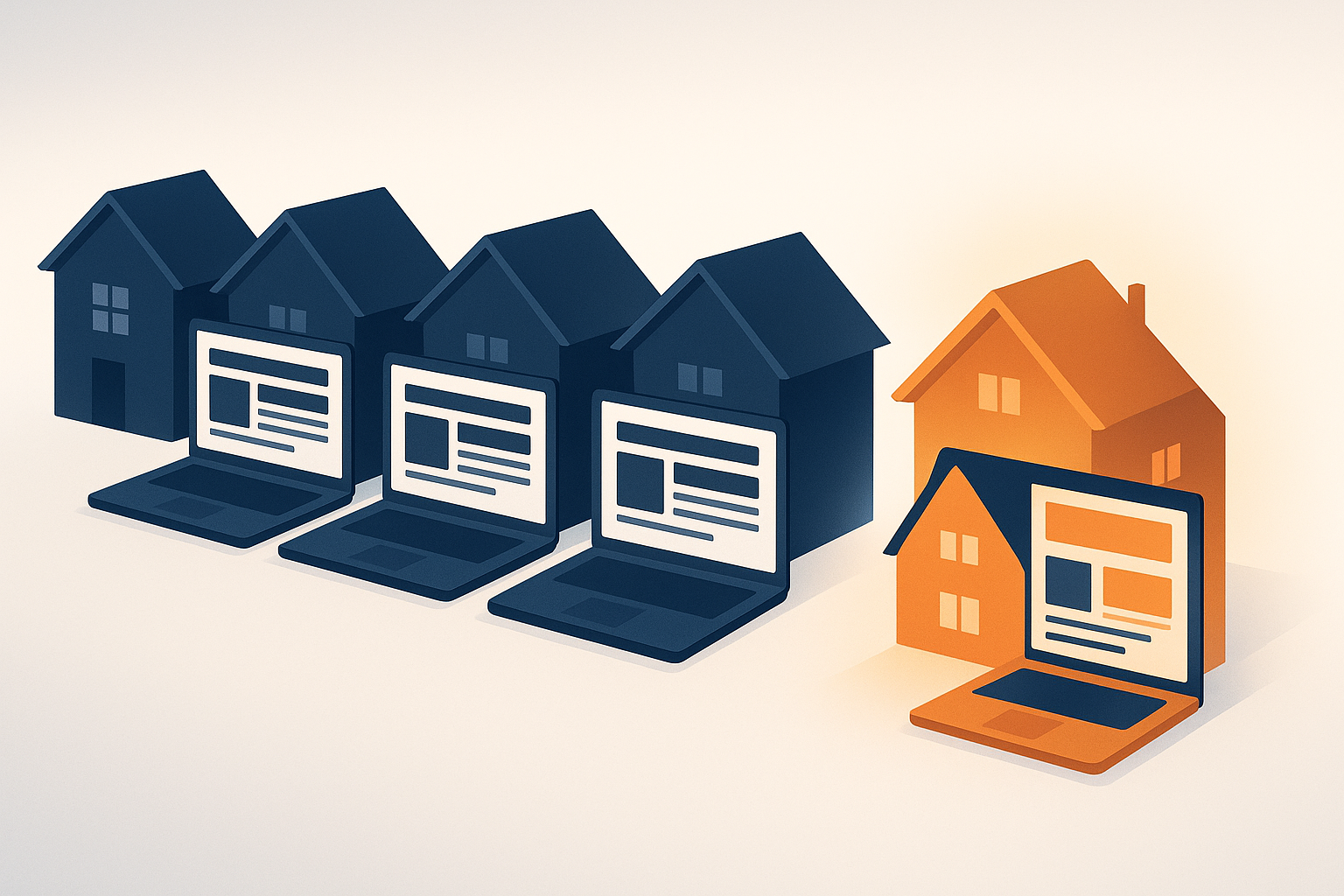 Row of identical cookie-cutter houses with identical laptop screens versus one unique custom-built house glowing brightly with a distinct modern website
