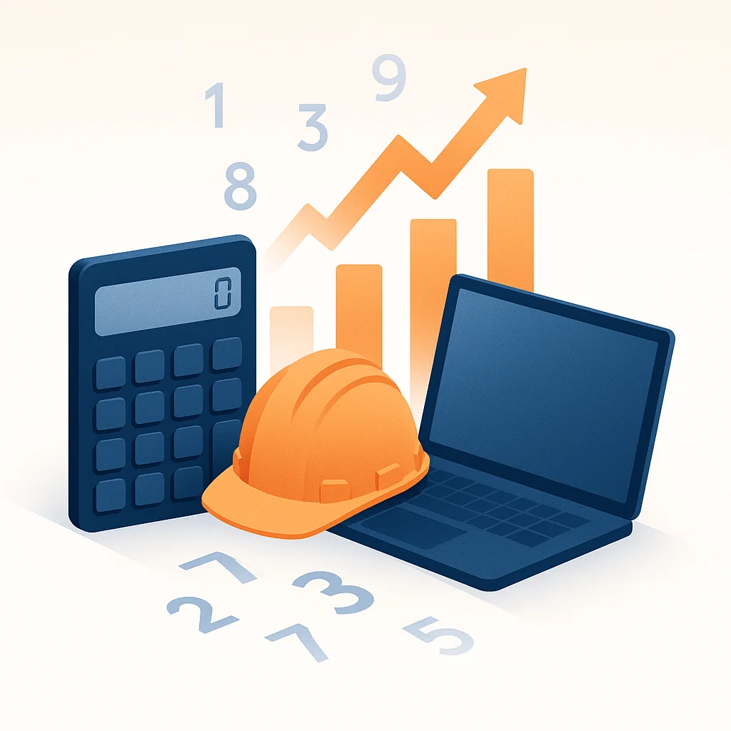 Calculator next to a contractors hard hat and laptop with abstract floating numbers and upward arrows representing ROI calculation