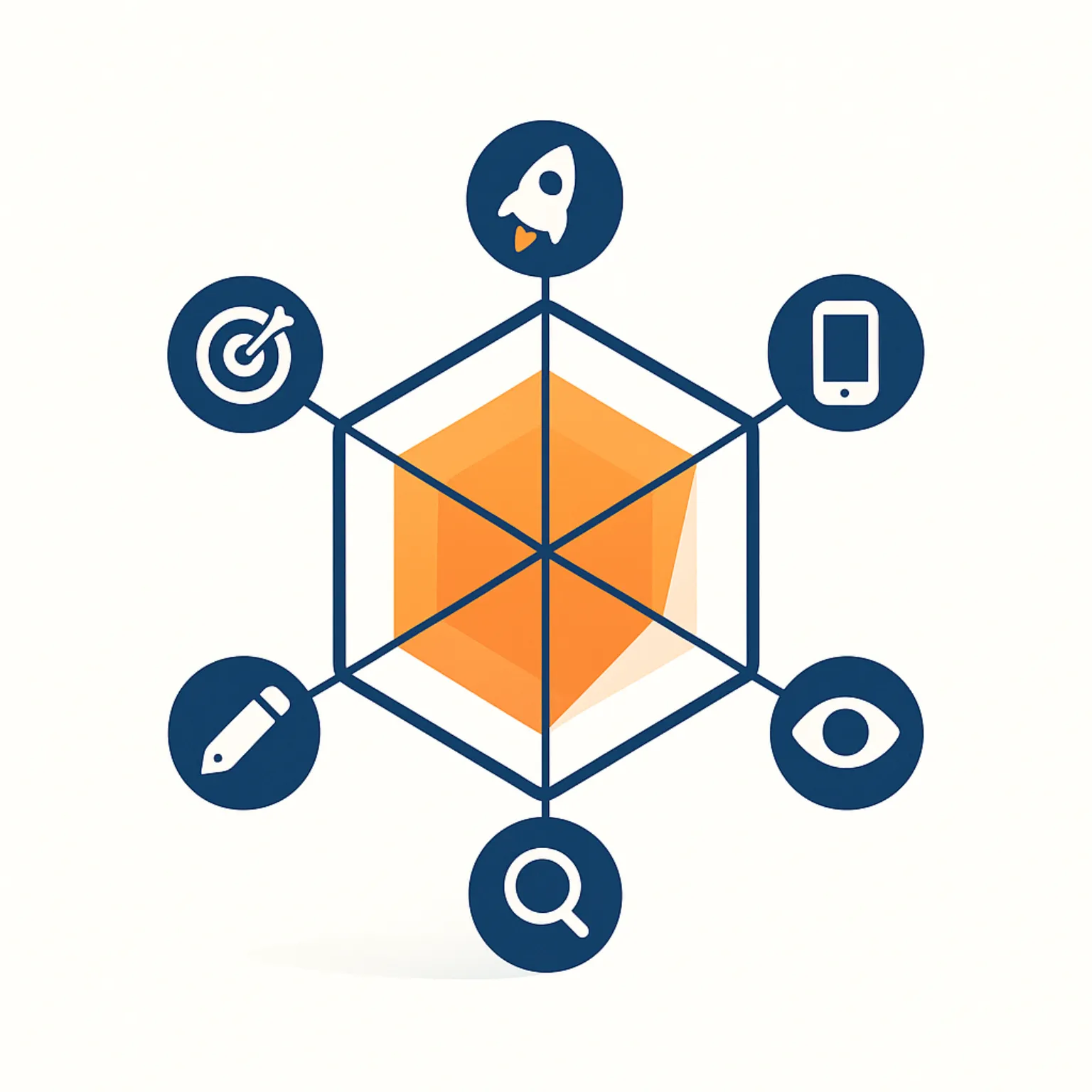Hexagonal radar chart showing six website scoring categories with performance icons