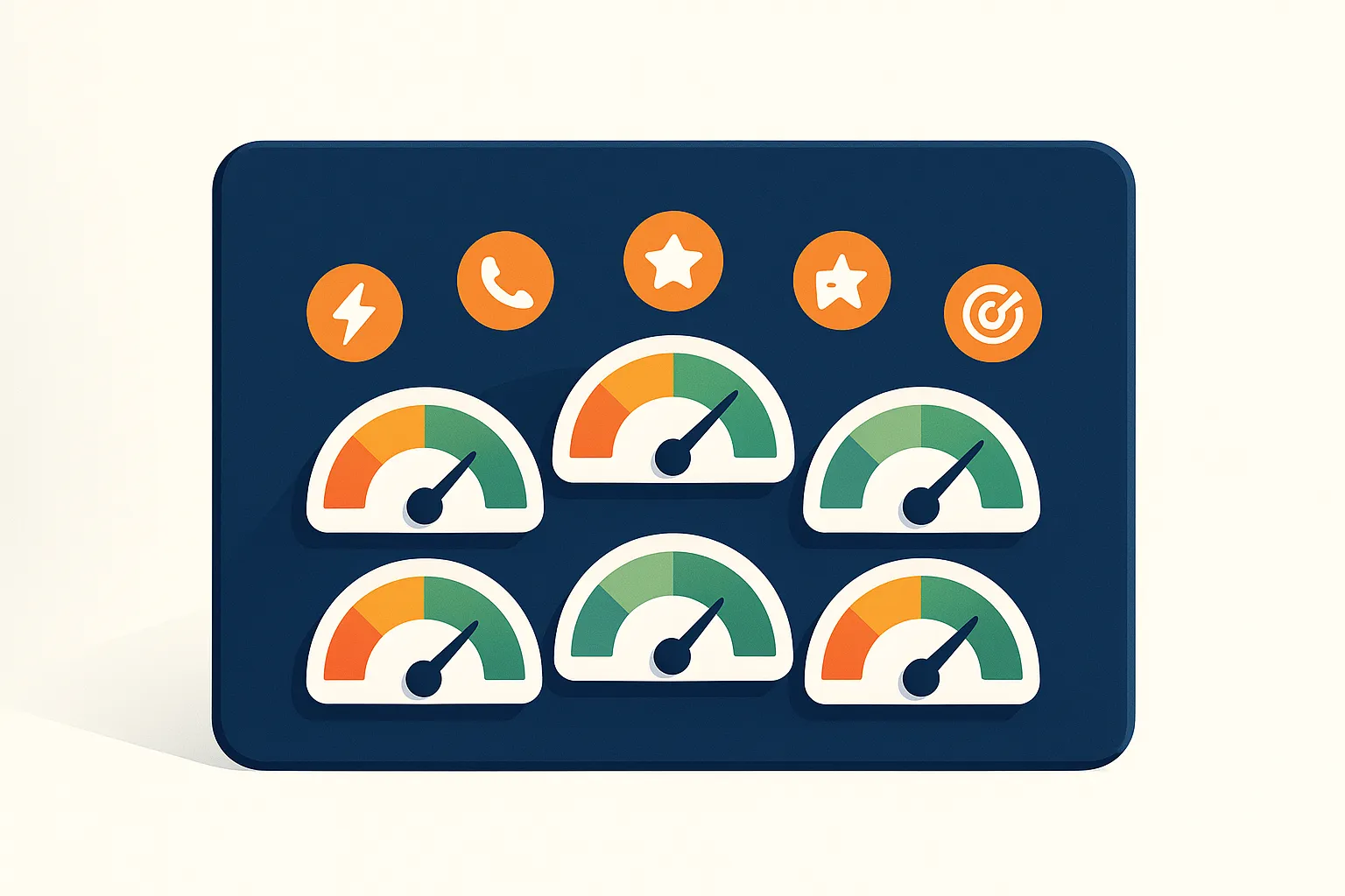 Dashboard with six performance gauge meters measuring website speed, mobile experience, SEO, design, content, and conversion optimization